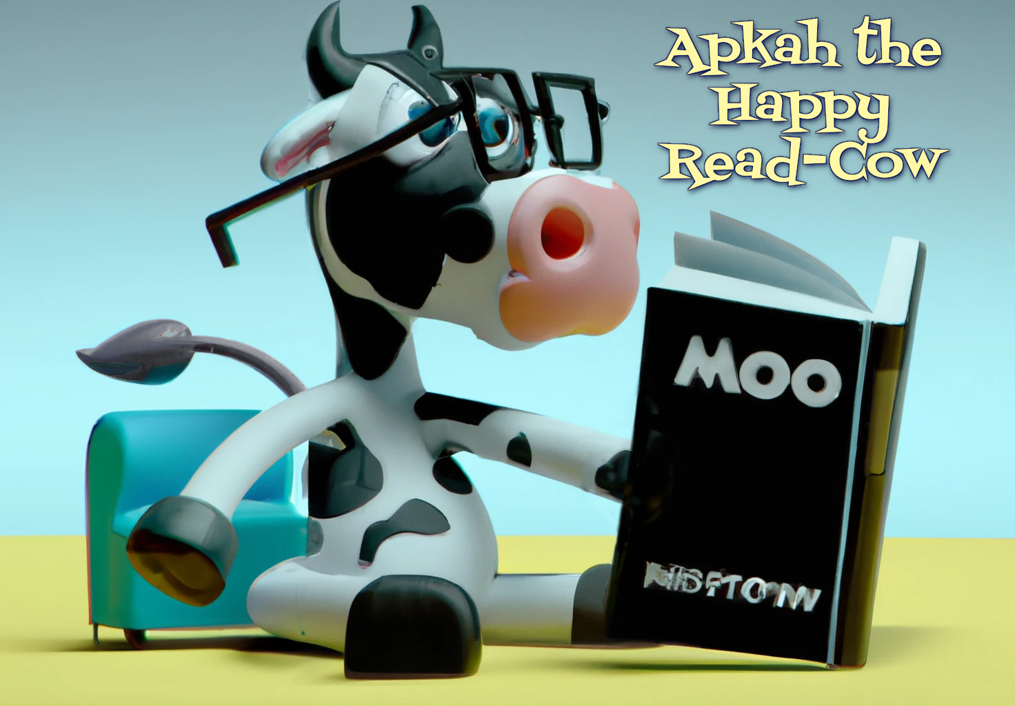 The light yellow headline in a fun angled font says 'Apkah the happy read cow' and underneath is a cute 3-D cartoonish cow with thick black frame glasses reading a book entitled MOO