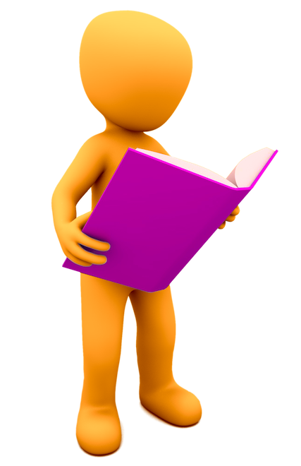 Image of an orange figurine representing a human, reading a purple covered book