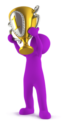 Conformance logo, a purple person holding up a gold cup